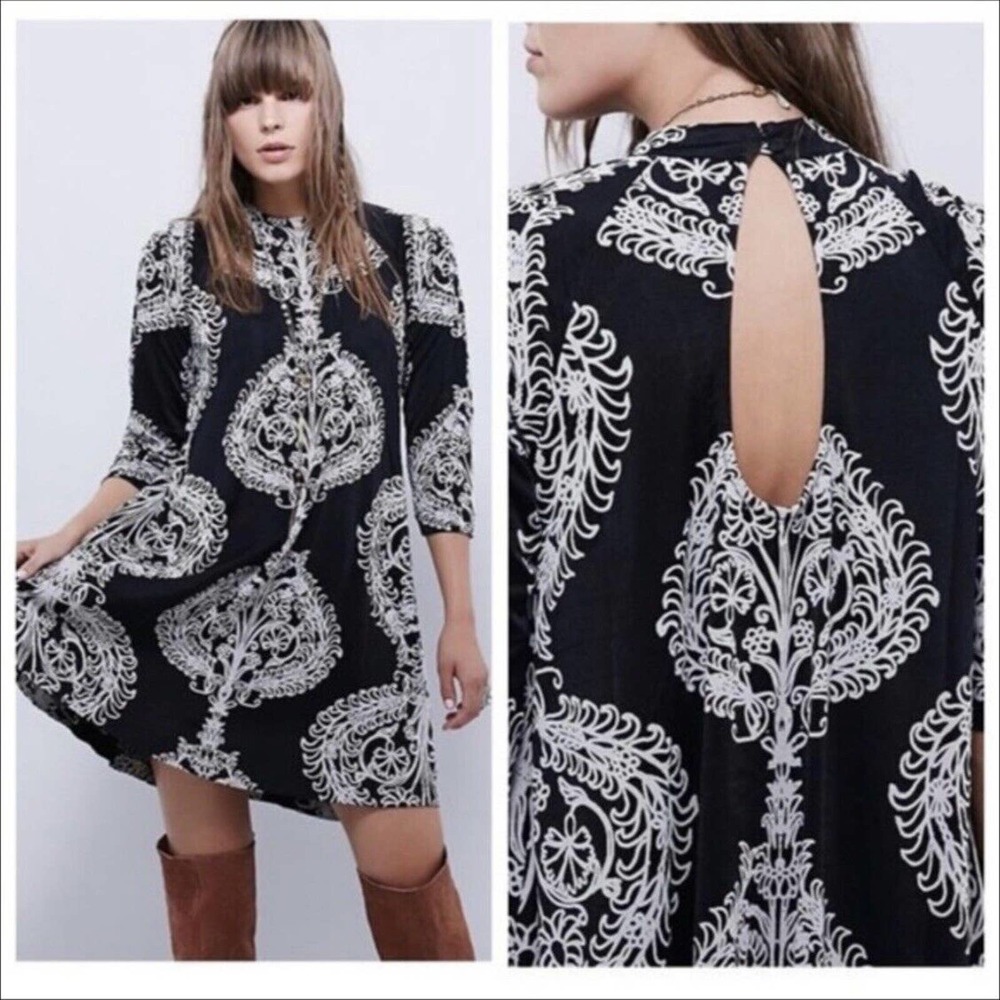 Free People Womens Medium Mini Dress Fiesta Floral Long Sleeve Boho Retro Black